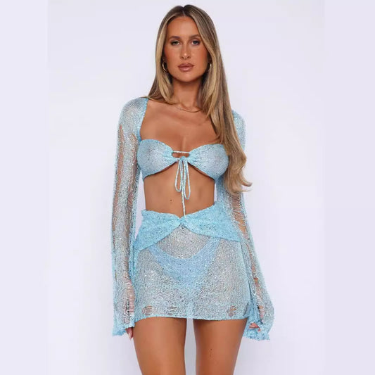 New Sequined Ripped Knitted Skirt Suit For Women